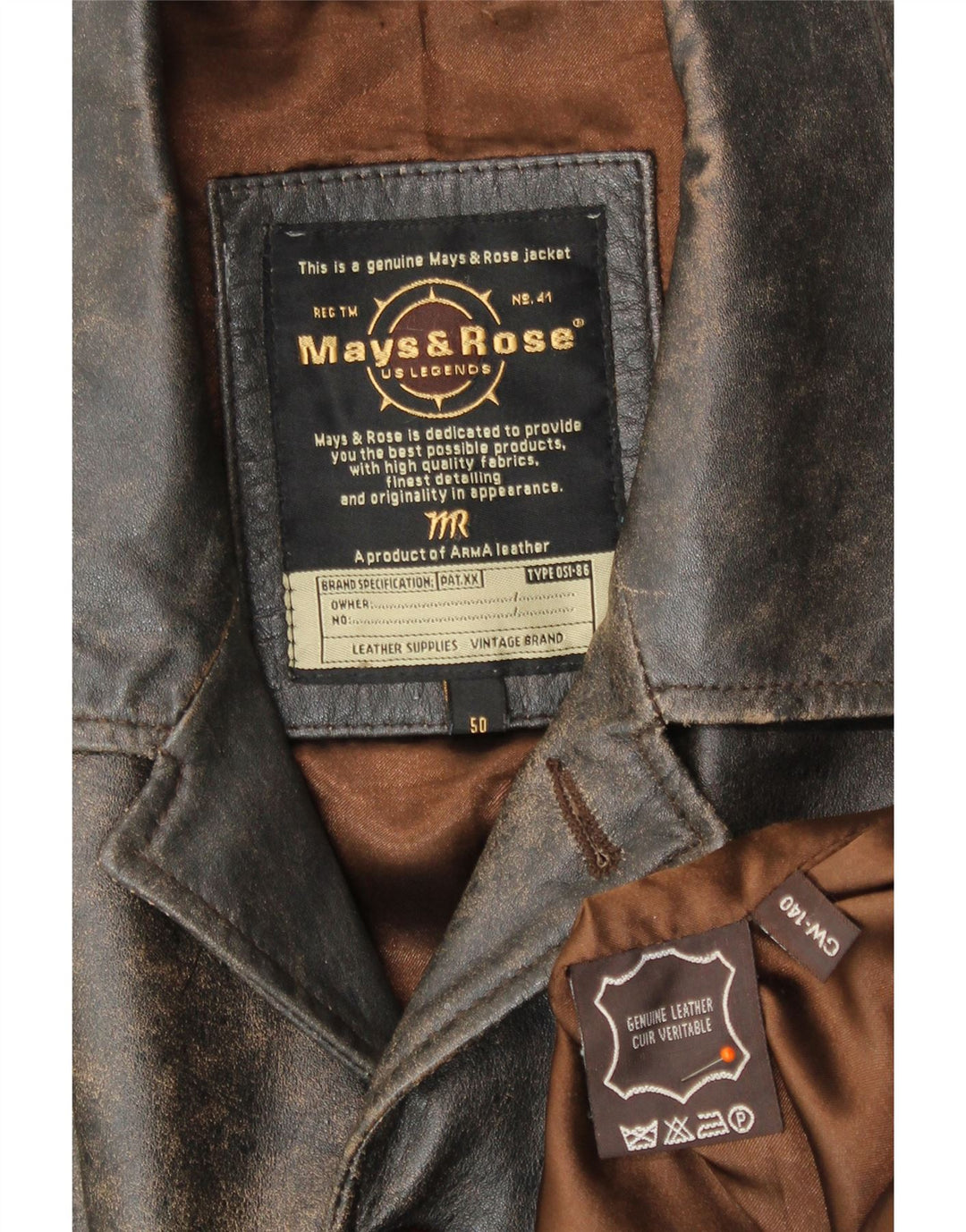 Mays & Rose Mens Leather Jacket IT 50 Large Brown Leather