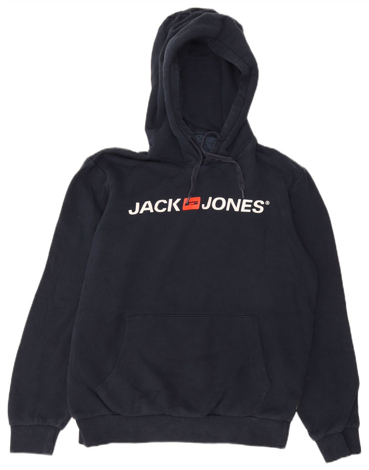 Jack & Jones Mens Graphic Hoodie Jumper Medium Navy Blue Cotton