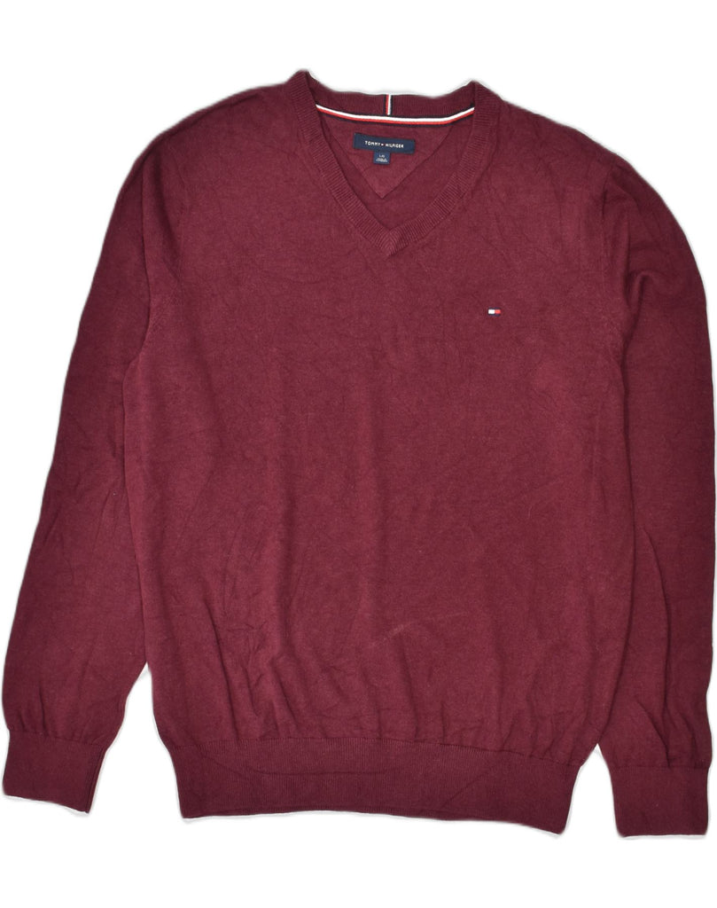 TOMMY HILFIGER Mens V-Neck Jumper Sweater Large Maroon Cotton | Vintage Tommy Hilfiger | Thrift | Second-Hand Tommy Hilfiger | Used Clothing | Messina Hembry 