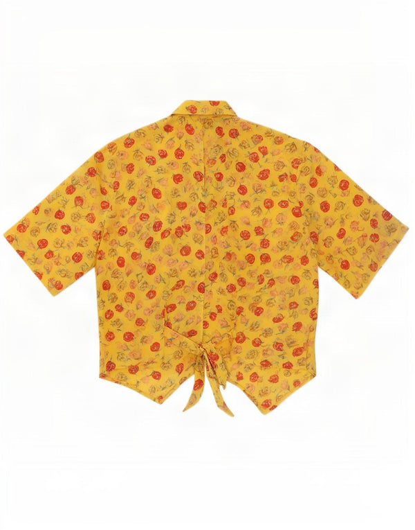 Vintage Womens Crop Short Sleeve Shirt Blouse UK 14 Medium Yellow Floral