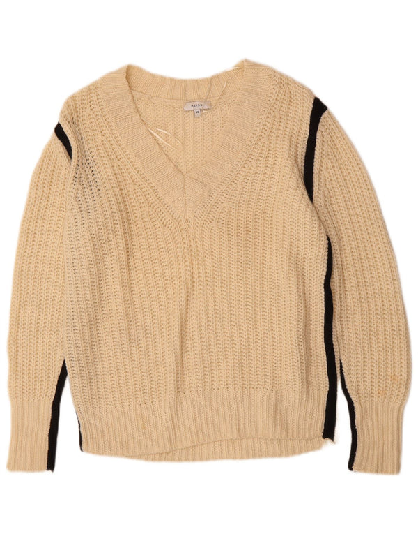 REISS Womens Oversized V-Neck Jumper Sweater UK 6 XS Beige Colourblock