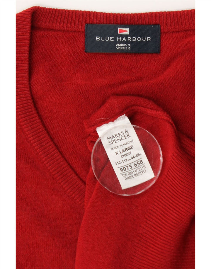 Marks & Spencer Mens Blue Harbour V-Neck Jumper Sweater XL Red Acrylic
