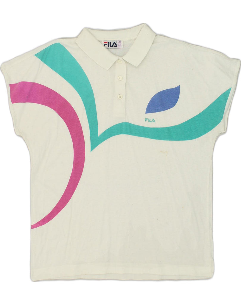 FILA Womens Graphic Polo Shirt IT 46 Large White Cotton | Vintage Fila | Thrift | Second-Hand Fila | Used Clothing | Messina Hembry 