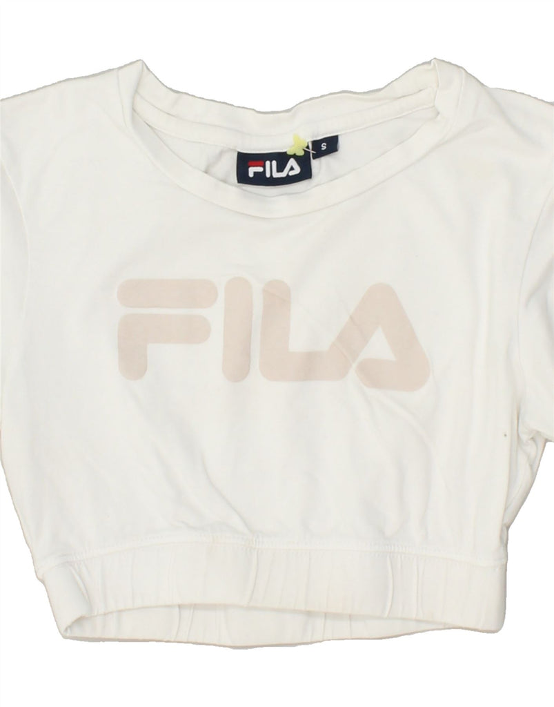 FILA Girls Crop Graphic T-Shirt Top 7-8 Years Small  White Cotton | Vintage Fila | Thrift | Second-Hand Fila | Used Clothing | Messina Hembry 