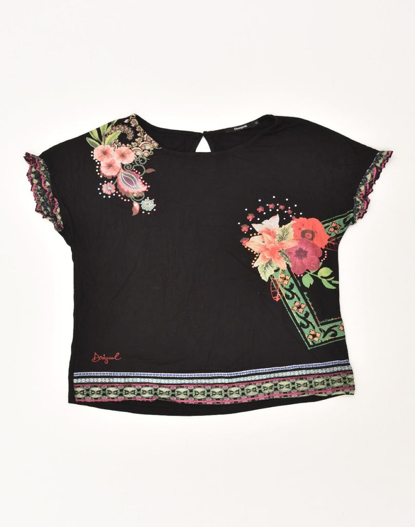 DESIGUAL Womens Short Sleeve Graphic Blouse Top UK 14 Medium Black Floral | Vintage Desigual | Thrift | Second-Hand Desigual | Used Clothing | Messina Hembry 