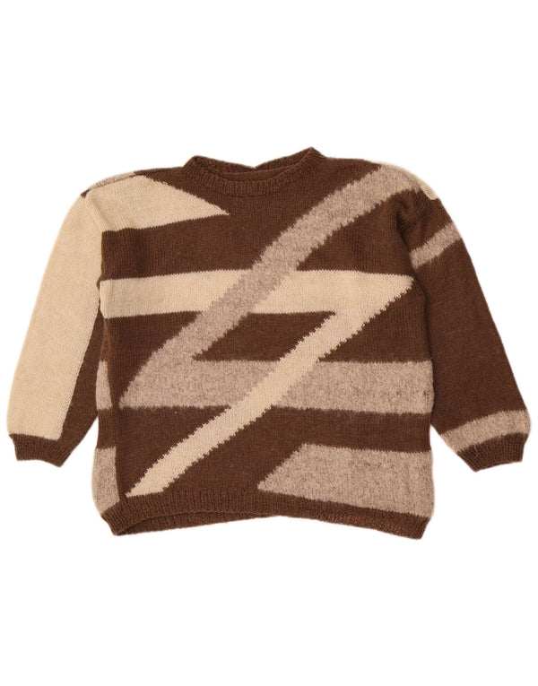Vintage Womens Crew Neck Jumper Sweater UK 16 Large Brown Colourblock