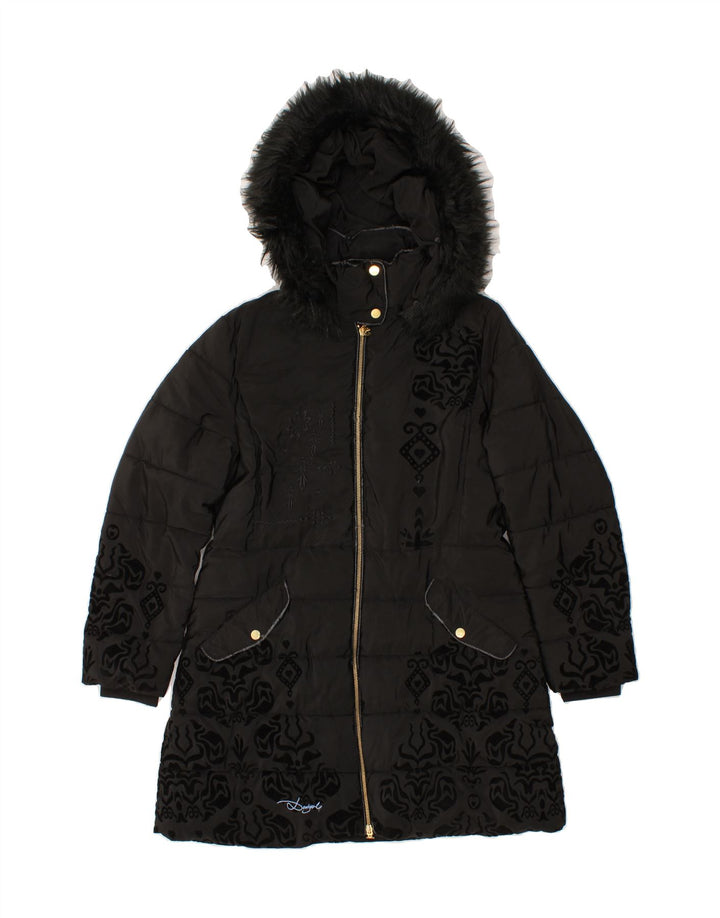 DESIGUAL Womens Abstract Pattern Hooded Padded Coat EU 44 XL Black Vintage Desigual and Second-Hand Desigual from Messina Hembry 