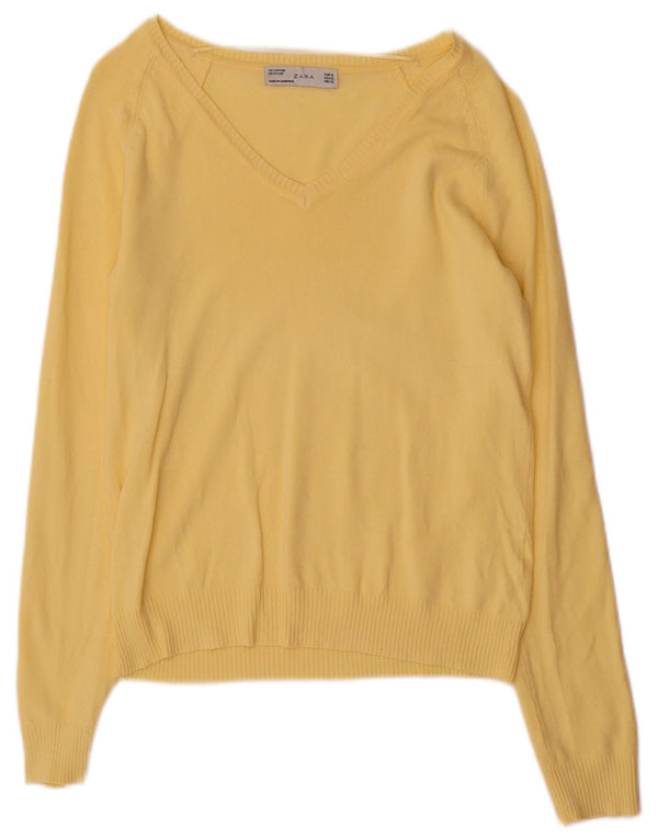 Zara Womens V-Neck Jumper Sweater UK 18 XL Yellow Cotton