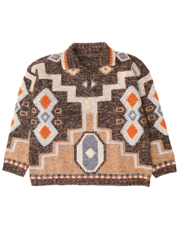 Vintage Womens Polo Neck Jumper Sweater UK 18 XL Brown Geometric Wool