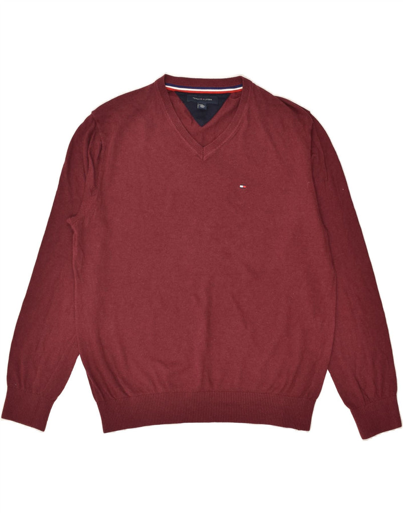 TOMMY HILFIGER Mens V-Neck Jumper Sweater XL Burgundy Cotton | Vintage Tommy Hilfiger | Thrift | Second-Hand Tommy Hilfiger | Used Clothing | Messina Hembry 