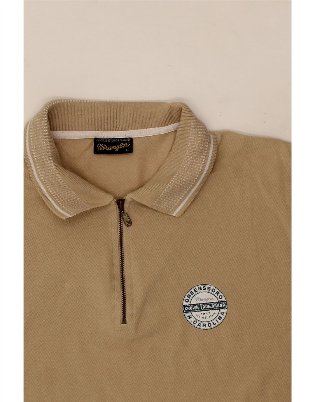 WRANGLER Mens Zip Neck Polo Shirt Large Beige Cotton Vintage Wrangler and Second-Hand Wrangler from Messina Hembry 