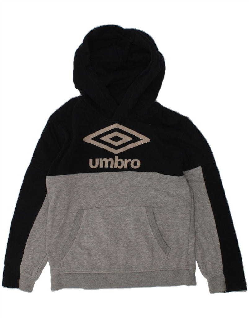 UMBRO Boys Graphic Hoodie Jumper 8-9 Years Grey Colourblock Cotton | Vintage Umbro | Thrift | Second-Hand Umbro | Used Clothing | Messina Hembry 