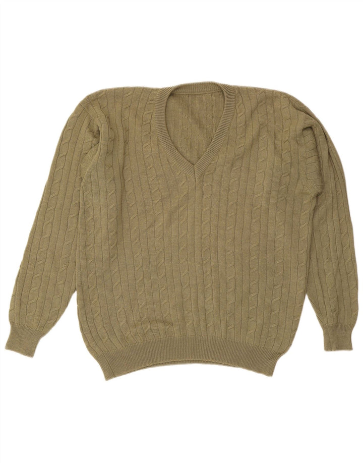 VINTAGE Mens V-Neck Jumper Sweater Large Khaki