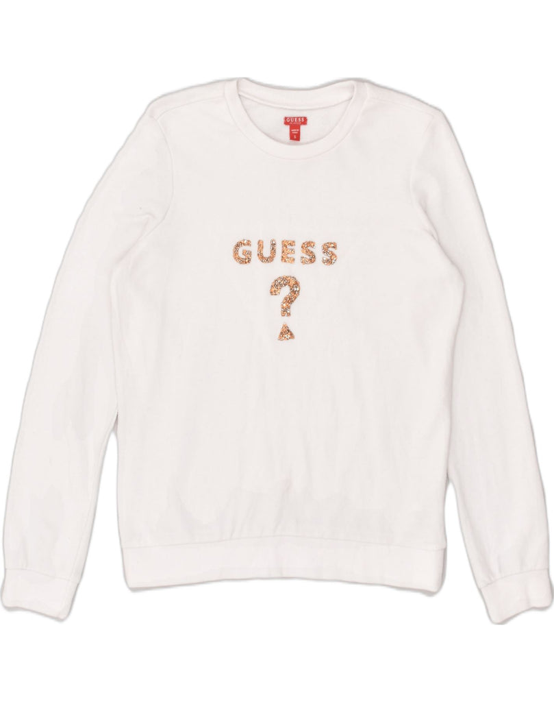 GUESS Womens Graphic Sweatshirt Jumper UK 10 Small White Cotton | Vintage Guess | Thrift | Second-Hand Guess | Used Clothing | Messina Hembry 