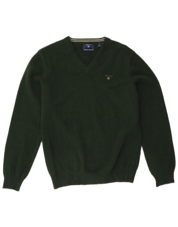 Gant Mens V-Neck Jumper Sweater Medium Green Lambswool