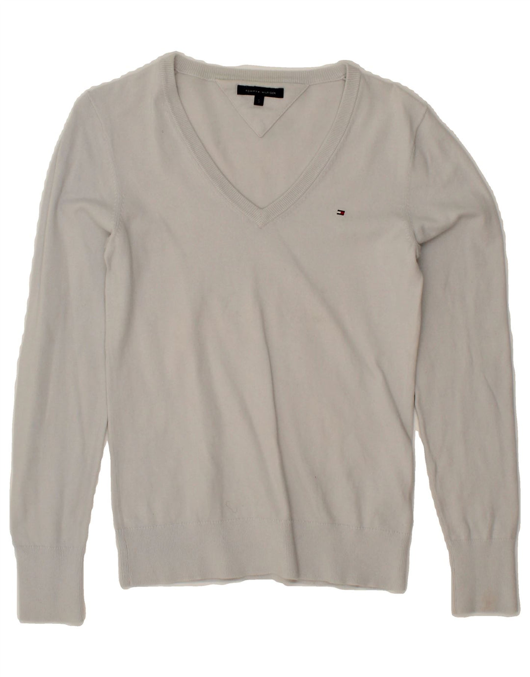 TOMMY HILFIGER Mens V-Neck Jumper Sweater Small Grey Cotton Vintage Tommy Hilfiger and Second-Hand Tommy Hilfiger from Messina Hembry 