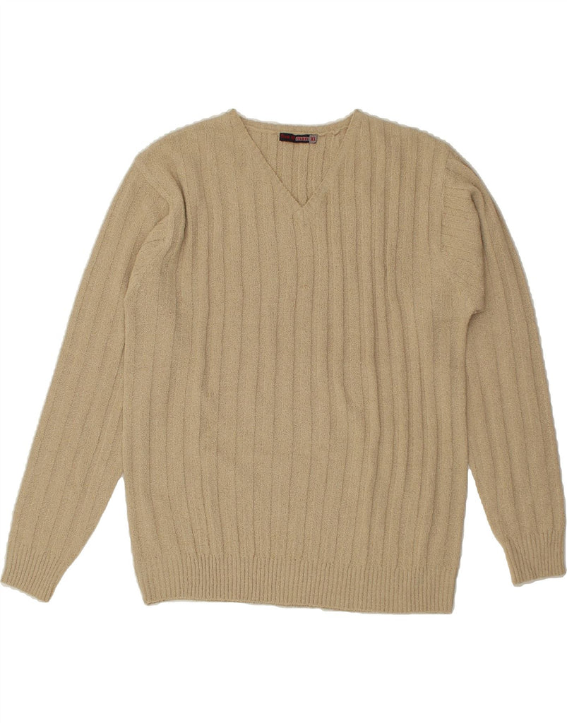 VINTAGE Mens V-Neck Jumper Sweater XL Beige Acrylic | Vintage Vintage | Thrift | Second-Hand Vintage | Used Clothing | Messina Hembry 