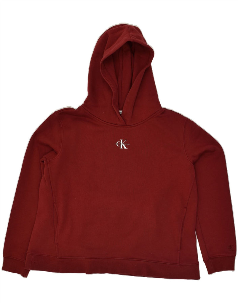 CALVIN KLEIN Womens Graphic Hoodie Jumper UK 14 Medium Burgundy Cotton | Vintage Calvin Klein | Thrift | Second-Hand Calvin Klein | Used Clothing | Messina Hembry 