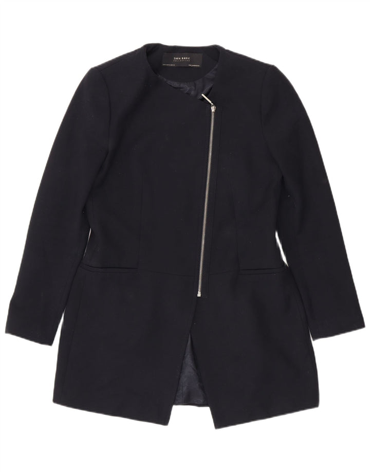 Zara Womens Full Zip Blazer Jacket UK 12 Medium Navy Blue Polyester