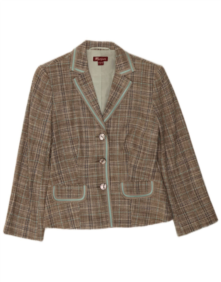 Monsoon Womens 3 Button Blazer Jacket UK 8 Small Green Check Silk