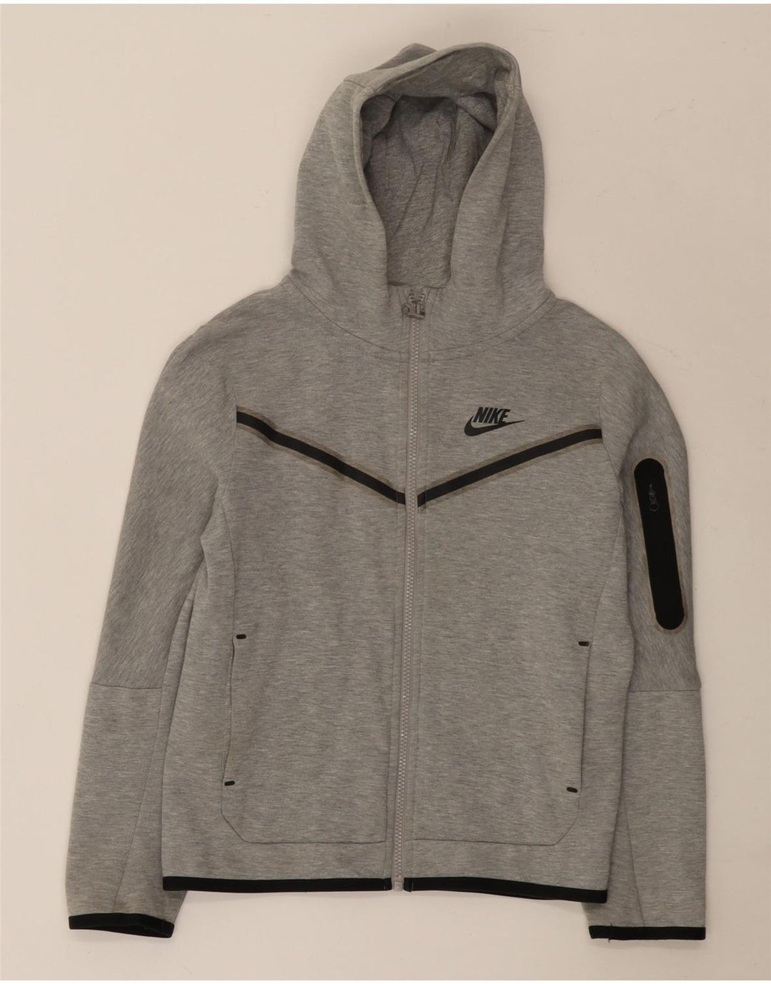 NIKE Boys Zip Hoodie Sweater 10-11 Years Medium Grey Striped Cotton