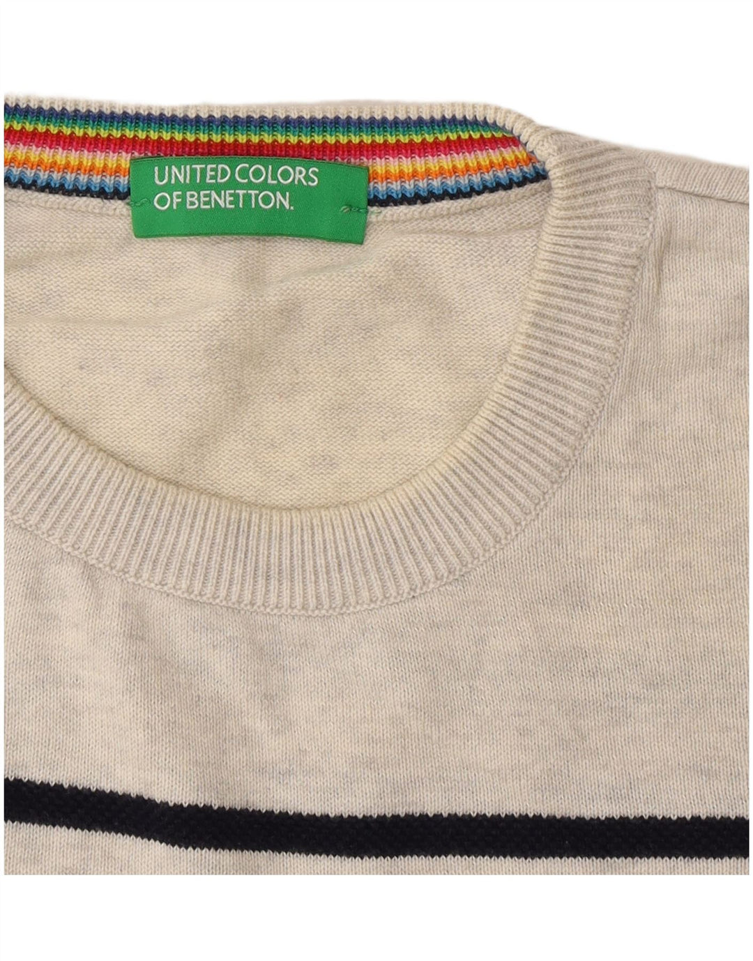 Benetton Mens Crew Neck Jumper Sweater Medium Grey Striped
