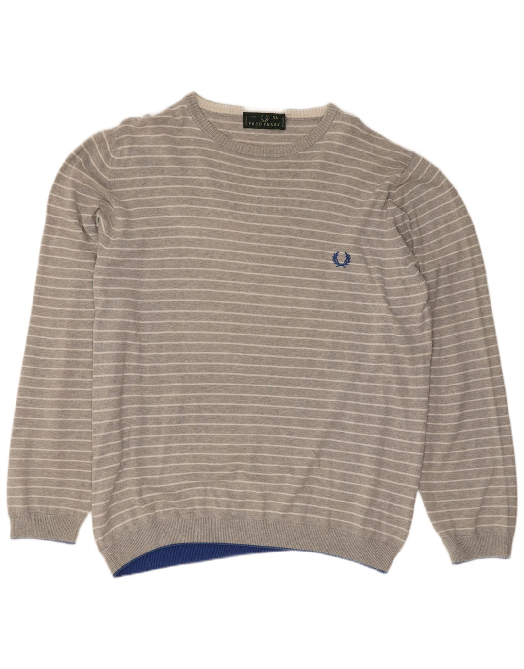 Fred Perry Mens Crew Neck Jumper Sweater XL Grey Striped Cotton