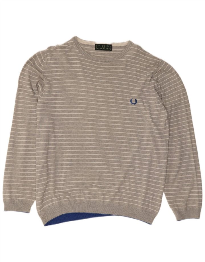 Fred Perry Mens Crew Neck Jumper Sweater XL Grey Striped Cotton