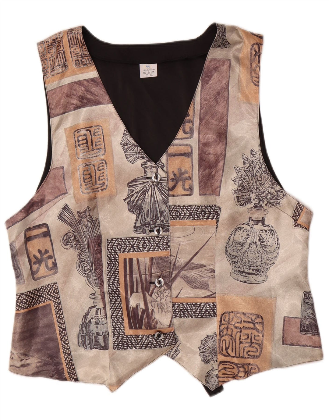 VINTAGE Womens Abstract Pattern Waistcoat EU 44 Large Brown Polyester