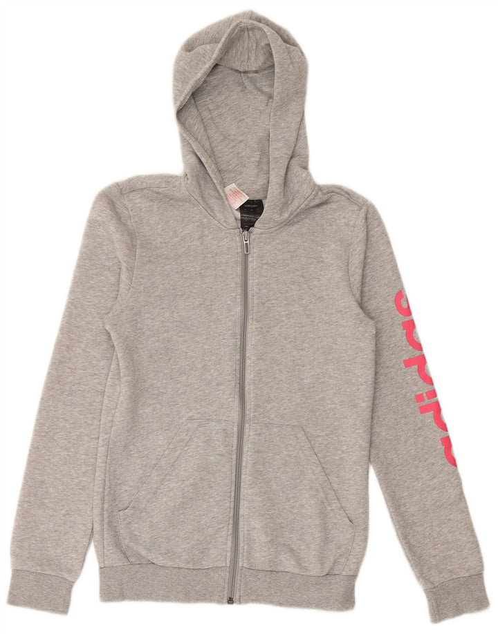 ADIDAS Girls Graphic Zip Hoodie Sweater 13-14 Years Grey Cotton