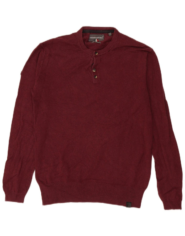 Superdry Mens Button Neck Jumper Sweater Small Burgundy Cotton