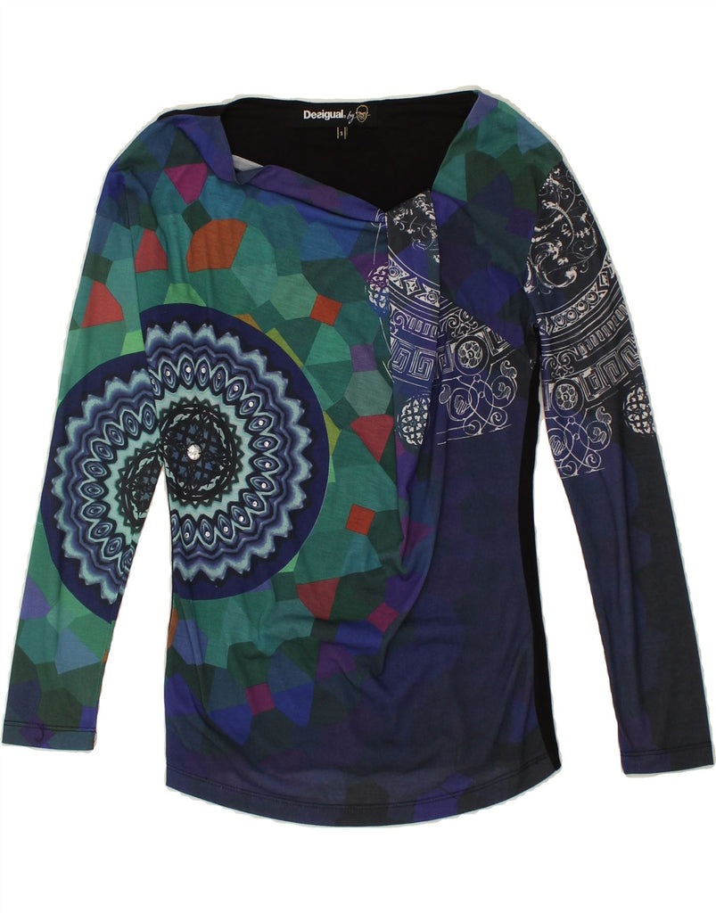 DESIGUAL Womens Graphic Top Long Sleeve UK 10 Small Navy Blue Geometric | Vintage Desigual | Thrift | Second-Hand Desigual | Used Clothing | Messina Hembry 