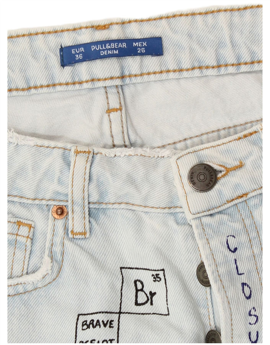 Pull & Bear Womens Graphic Distressed Denim Shorts EU 36 XS W26 Blue