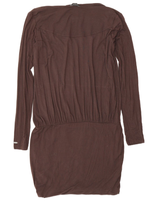 Guess Womens Long Sleeve Drop Waist Dress UK 16 Large Brown Viscose