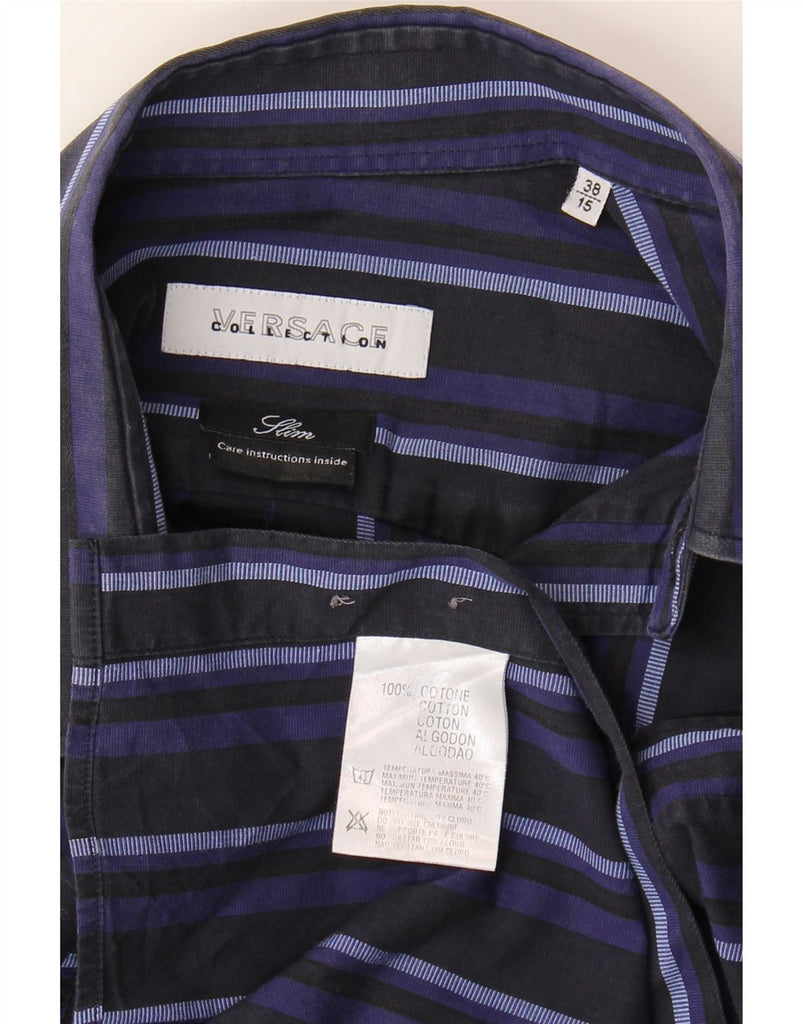 VERSACE Mens Slim Shirt Size 38/15 Medium Navy Blue Striped Cotton Vintage Versace and Second-Hand Versace from Messina Hembry 