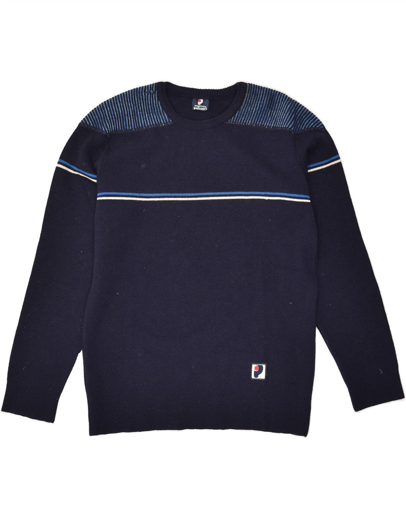 VINTAGE Mens Crew Neck Jumper Sweater Small Navy Blue Striped Virgin Wool | Vintage Vintage | Thrift | Second-Hand Vintage | Used Clothing | Messina Hembry 