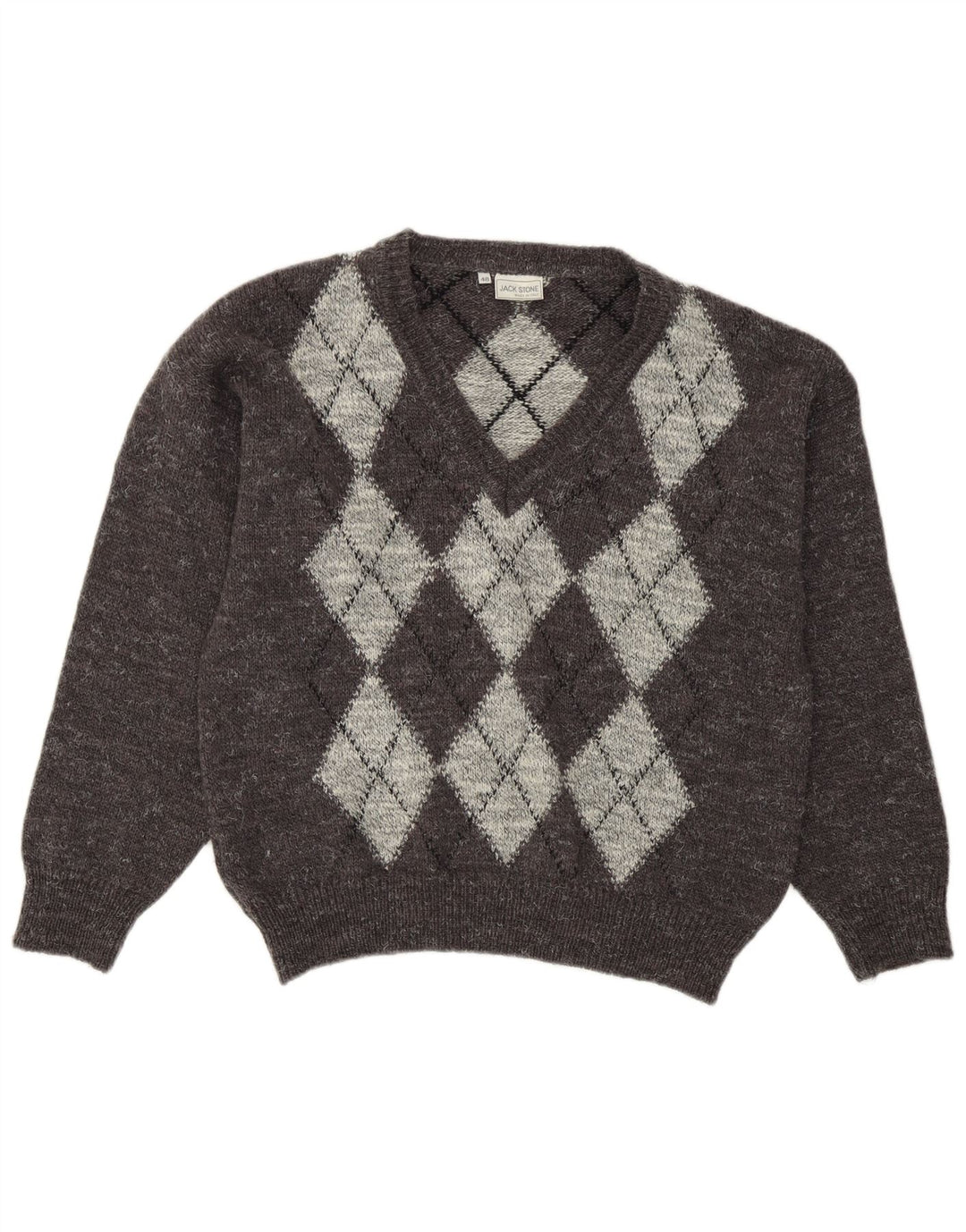 Jack Stone Mens V-Neck Jumper Sweater IT 48 Medium Grey Argyle/Diamond