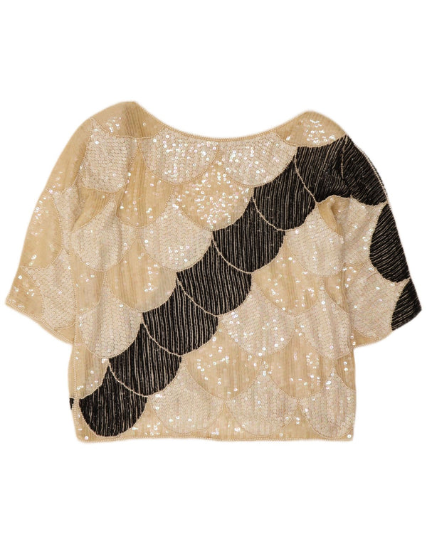 Vintage Womens 3/4 Sleeve Blouse Top UK 16 Large Beige Geometric