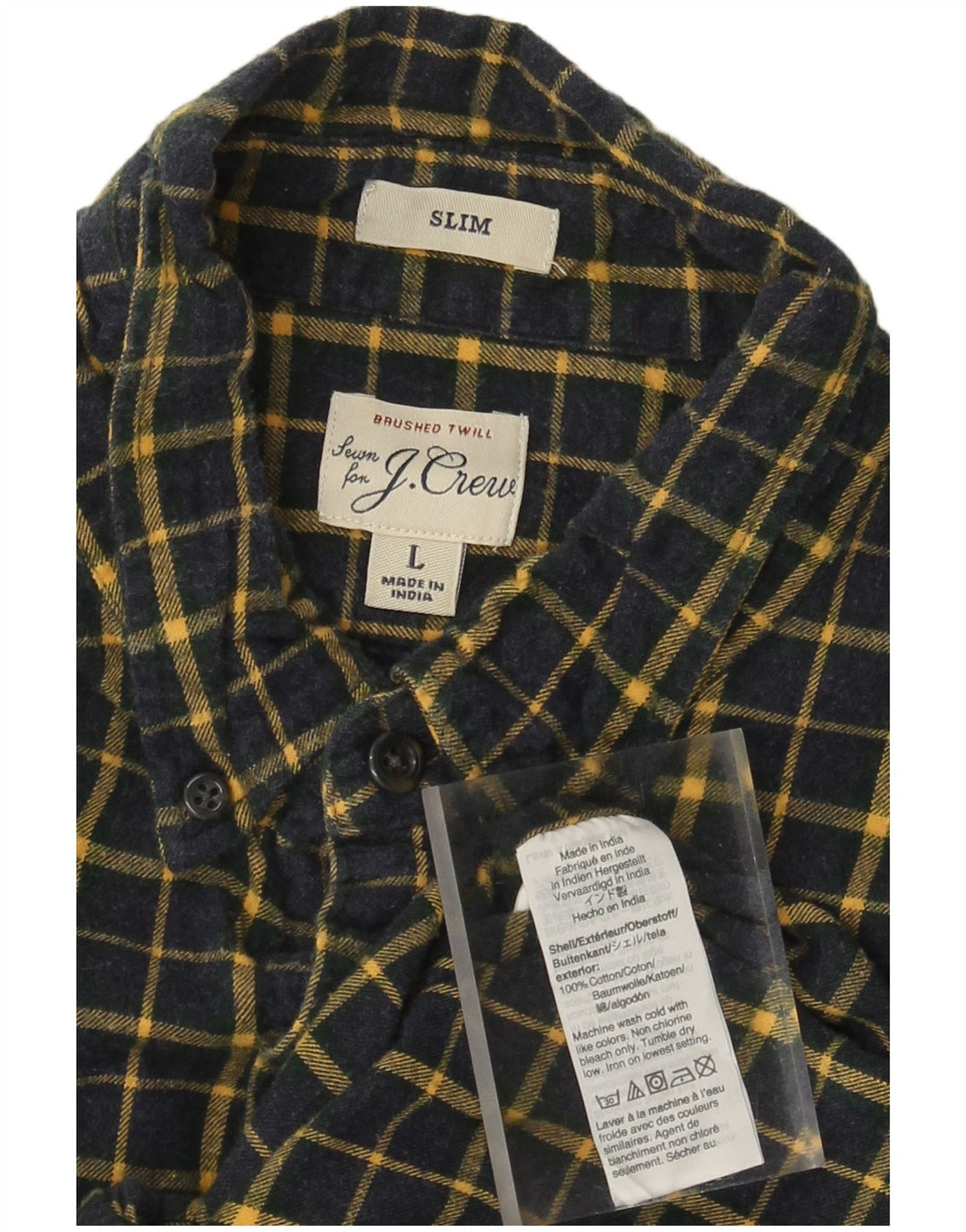 J. CREW Mens Slim Flannel Shirt Large Navy Blue Check Cotton