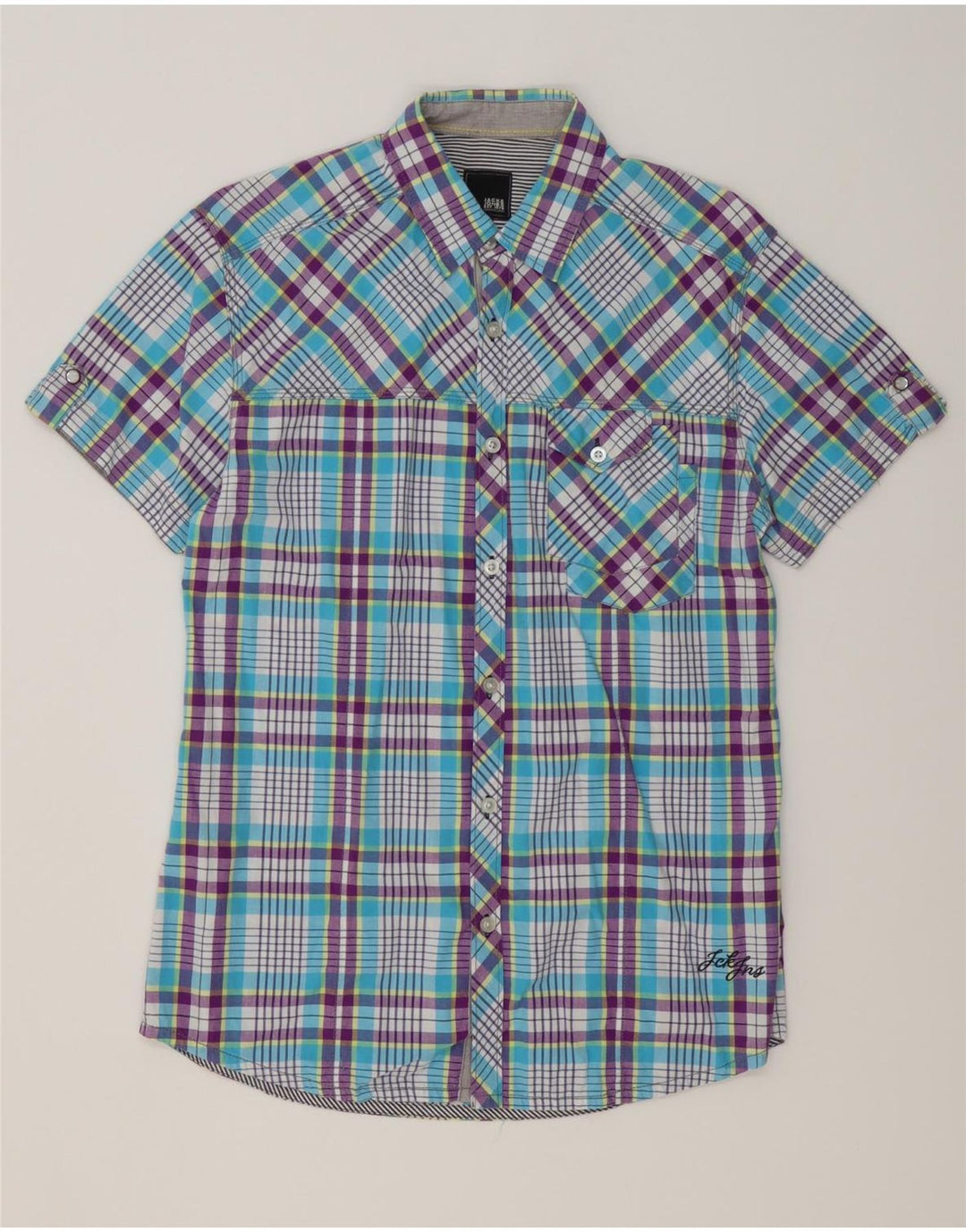 JACK & JONES Mens Short Sleeve Shirt Medium Blue Check Cotton