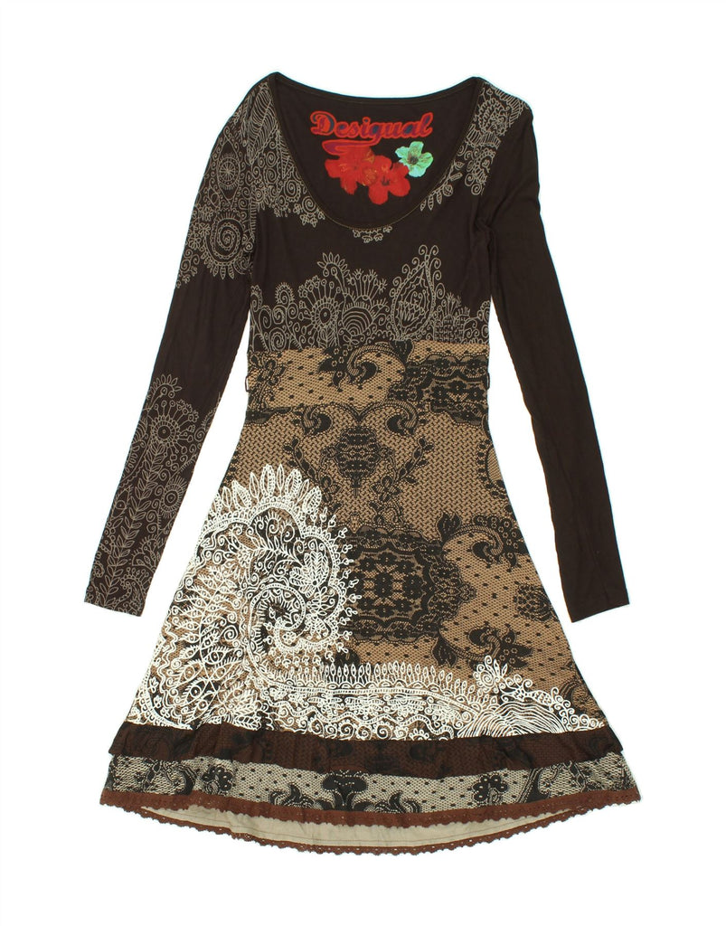 DESIGUAL Womens Graphic Long Sleeve A-Line Dress UK 12 Medium Brown Floral Vintage Desigual and Second-Hand Desigual from Messina Hembry 