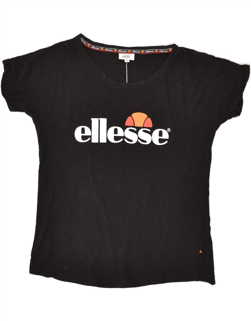 ELLESSE Womens Graphic T-Shirt Top UK 14 Medium Black Cotton | Vintage Ellesse | Thrift | Second-Hand Ellesse | Used Clothing | Messina Hembry 