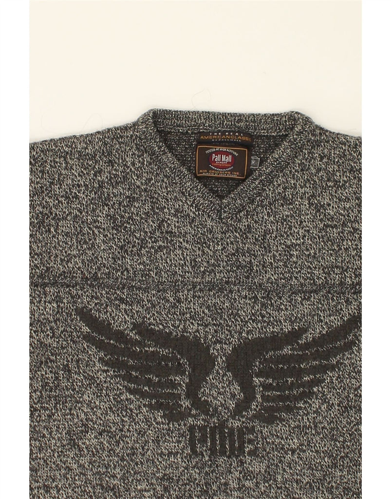PALL MALL Mens Graphic V-Neck Jumper Sweater Medium Grey Flecked Acrylic | Vintage Pall Mall | Thrift | Second-Hand Pall Mall | Used Clothing | Messina Hembry 