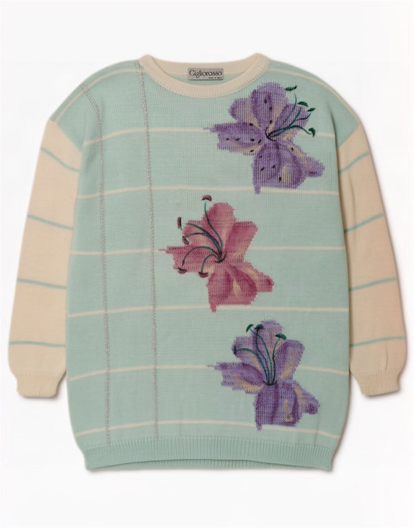 Vintage Womens Boat Neck Jumper Sweater UK 16 Large Blue Floral Polyacrylic