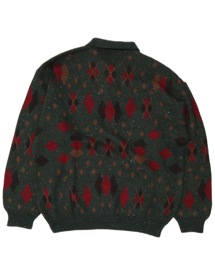 LINEA Mens Polo Neck Jumper Sweater IT 50 Medium Green Argyle/Diamond