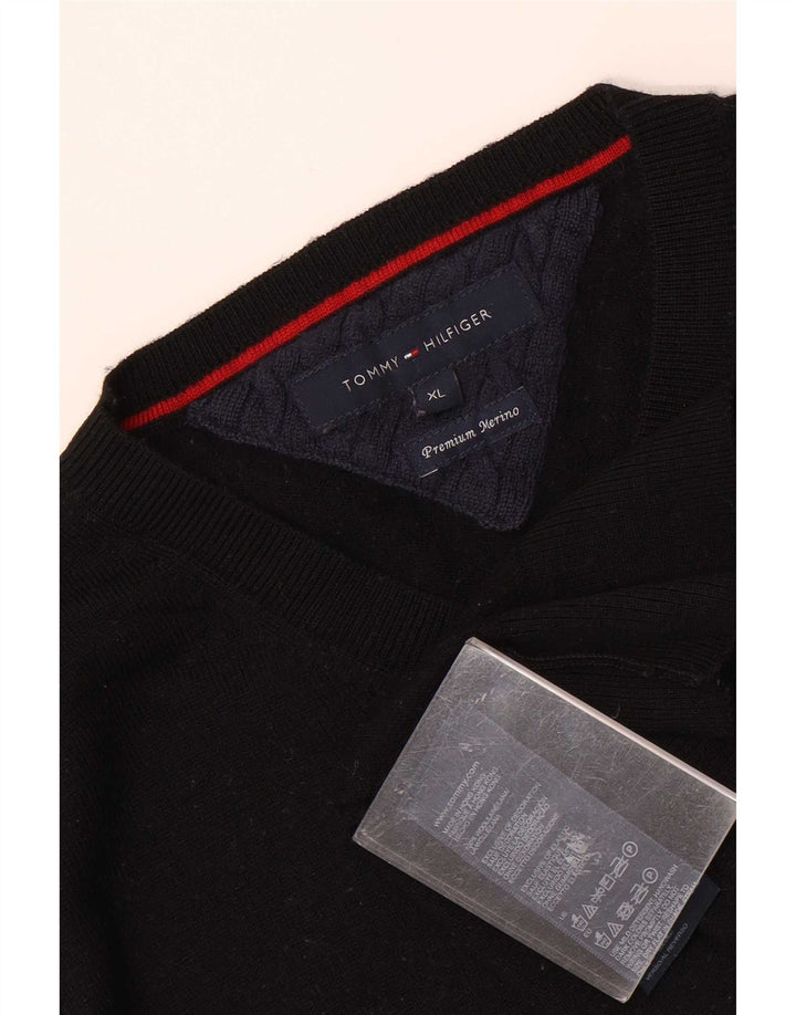 Tommy Hilfiger Mens V-Neck Jumper Sweater XL Black Wool