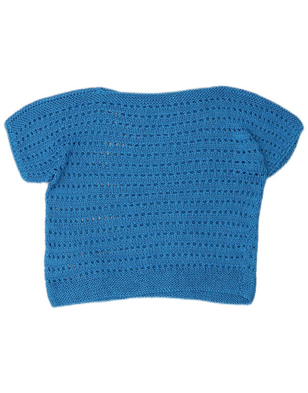 Vintage Womens Short Sleeve Boat Neck Jumper Sweater UK 14 Medium Blue