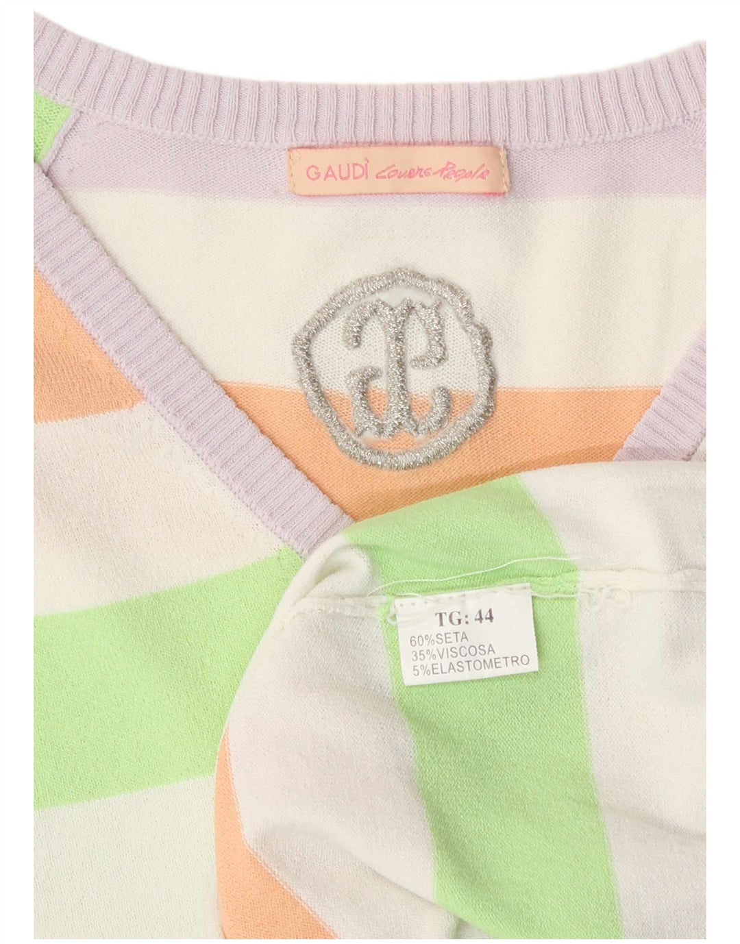 Gaudi Womens V-Neck Jumper Sweater IT 44 Medium Multicoloured Striped Silk