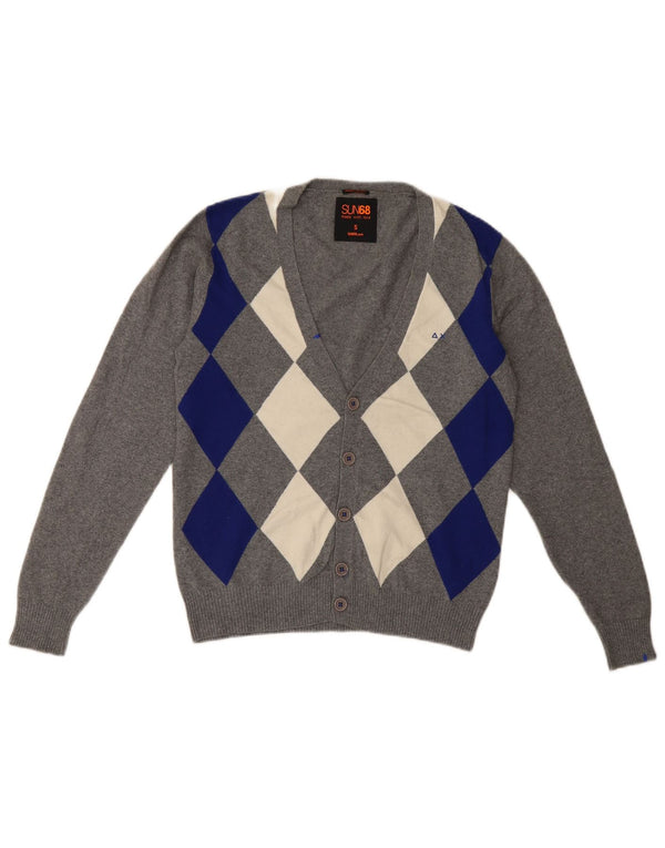 Sun68 Mens Cardigan Sweater Small Grey Argyle/Diamond Cotton