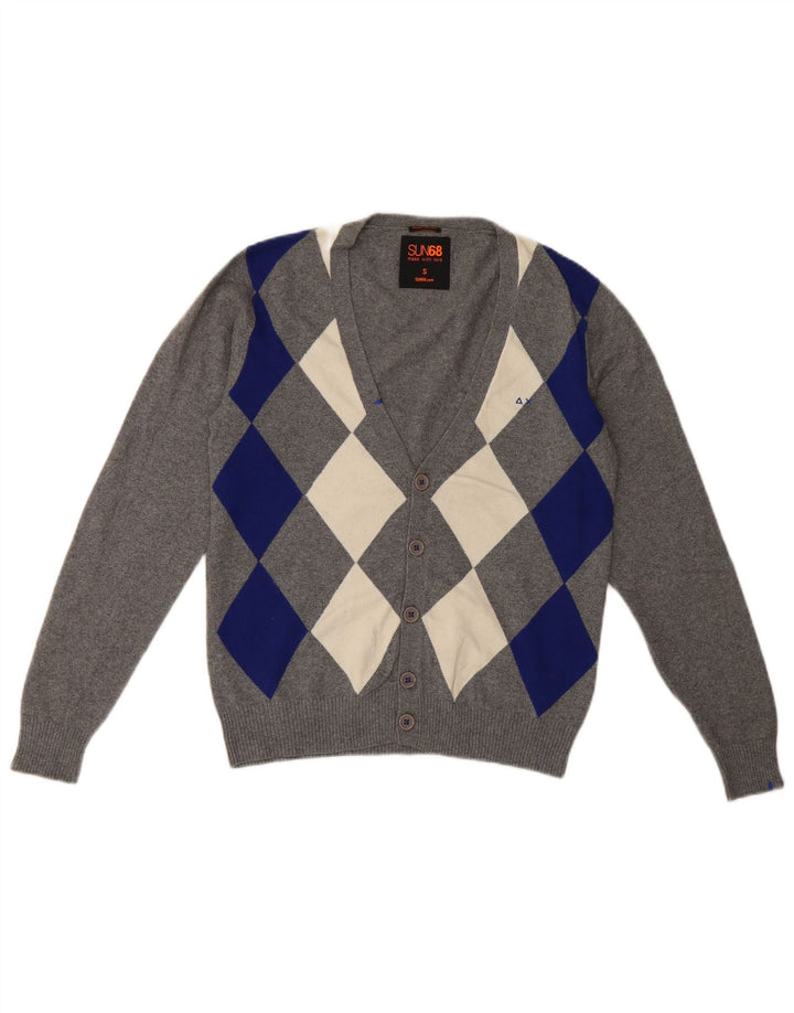 Sun68 Mens Cardigan Sweater Small Grey Argyle/Diamond Cotton